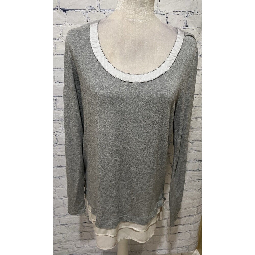 WHITE HOUSE BLACK MARKET Heather Gray Satin Trim Long Sleeve Stretch Tee Shirt L